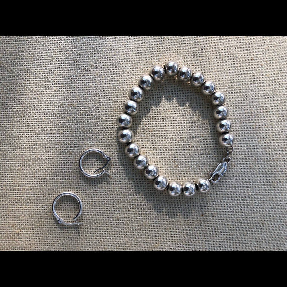 Sterling Silver ball bead bracelet & hoop earring